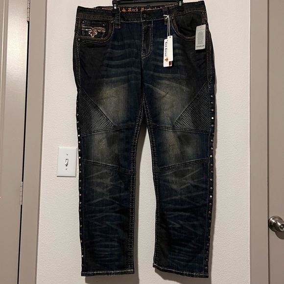 Rock Revival Lampson Biker Jeans 40 Dark Wash Studded Pockets NWT - Picture 1 of 14